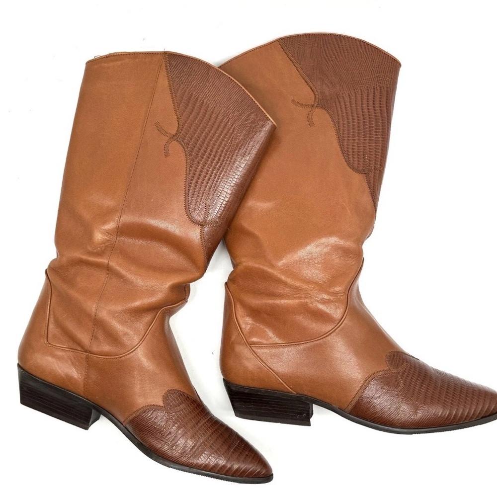 Nine West Brown Leather Western Boots Sz 9 Snakeskin Embossed Mid Calf - Picture 3 of 7